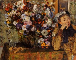 Main Product Photo of A Woman Seated Beside a Vase of Flowers also known as Sardela Painting by Edgar Degas