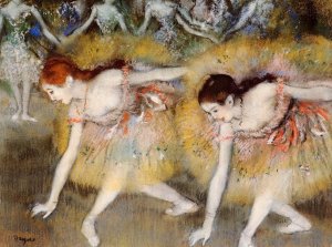 Main Product Photo of Dancers Bending Down also known as The Ballerinas Painting by Edgar Degas