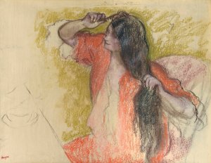 Femme En Peignoir Rouge Se Coiffant by Edgar Degas Oil Painting Reproduction